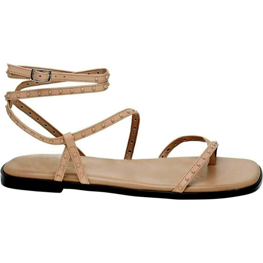 Marc Fisher NALICA Nude Leather Studded Strappy Wrap Sandal SZ 6M Square Toe NEW